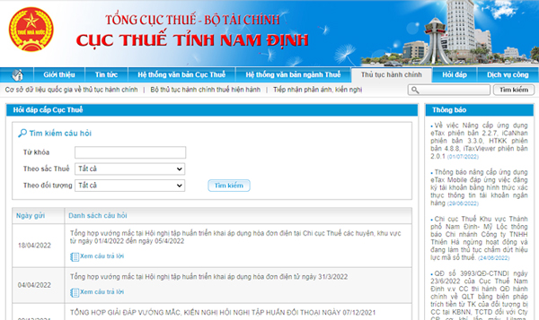 Chuyên mục hỏi đáp trong website chi cục thuế tỉnh Nam Định