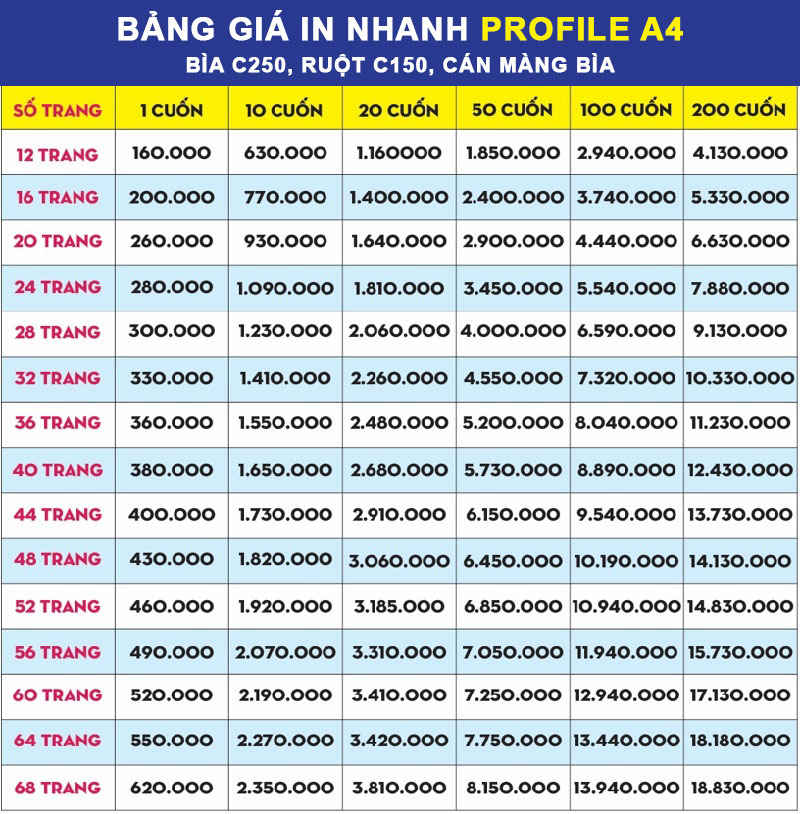 Bảng giá in profile A4 tại Nam Định Media